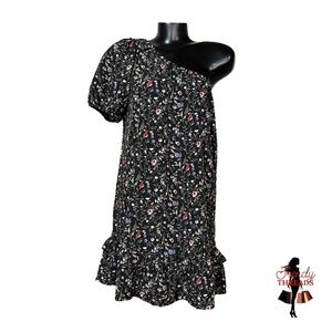 French Grey NEW One Shoulder Ruffle Dress Medium Large Dark Floral Black Boho
